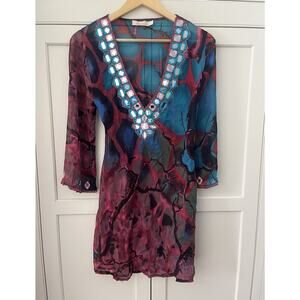 Solitaire women swim coverup blue purple v neck size S Made in India